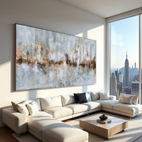 Neutral Abstract Cityscape Painting on Canvas – Original Hand-Painted Skyline Wall Art