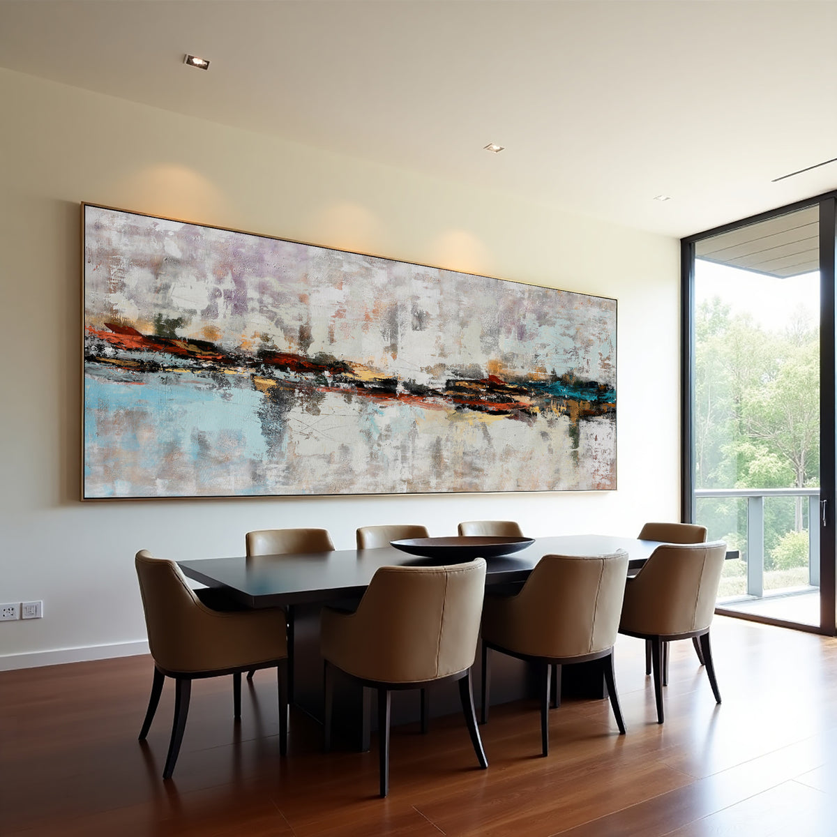 Neutral Abstract Cityscape Painting on Canvas – Original Hand-Painted Skyline Wall Art