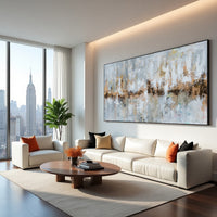 Neutral Abstract Cityscape Painting on Canvas – Original Hand-Painted Skyline Wall Art