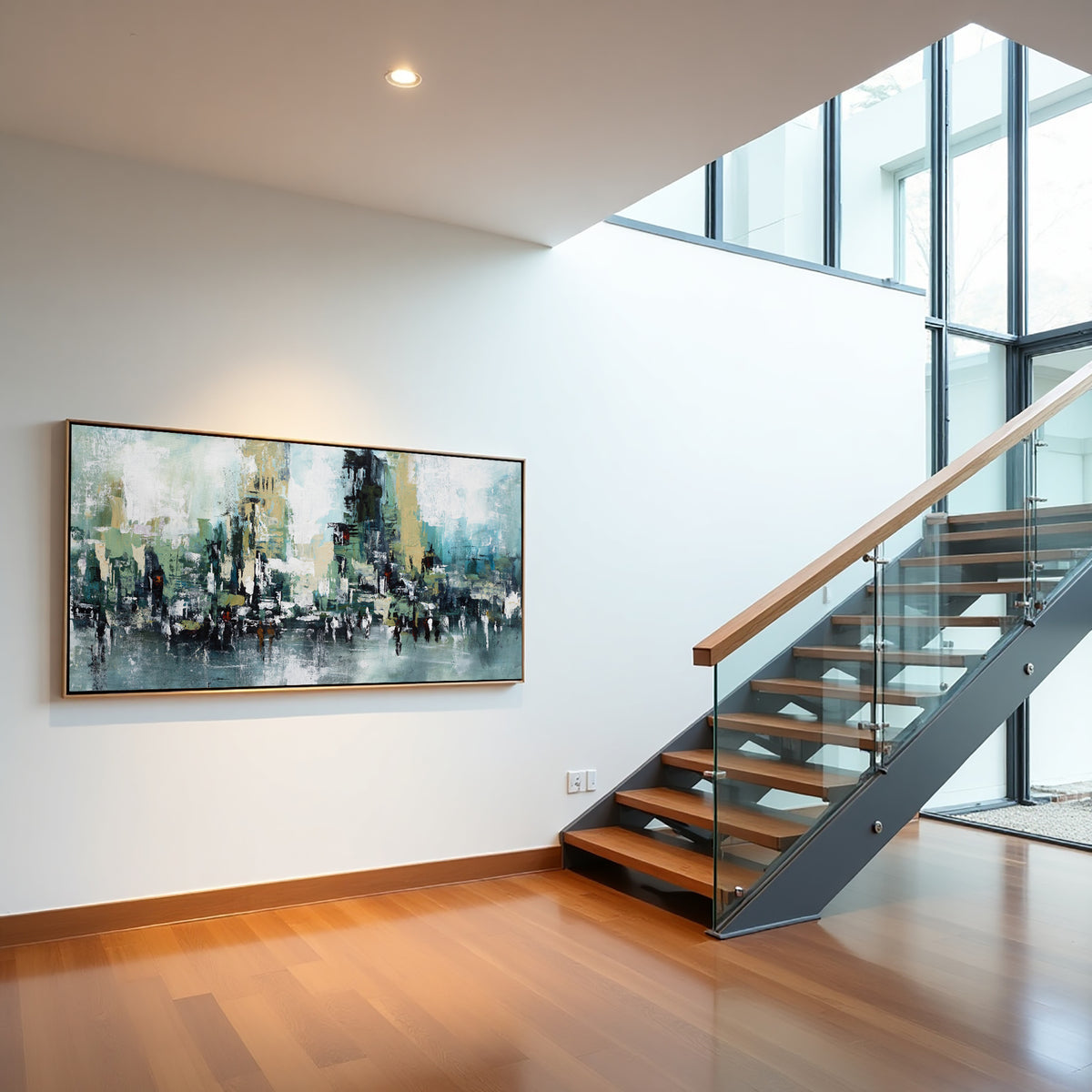Teal Abstract Cityscape Painting – Modern Textured Wall Art